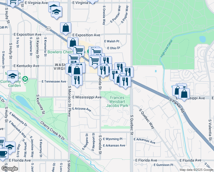 map of restaurants, bars, coffee shops, grocery stores, and more near 1096 South Oneida Street in Denver