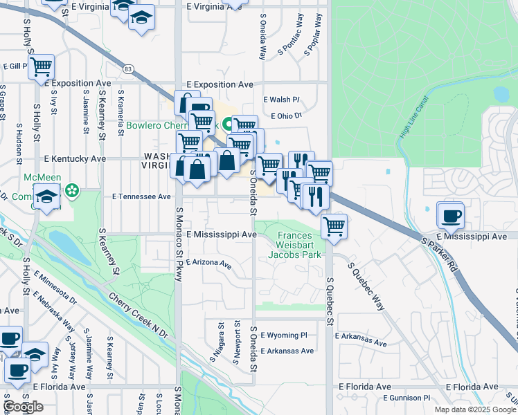 map of restaurants, bars, coffee shops, grocery stores, and more near 6801 East Mississippi Avenue in Denver