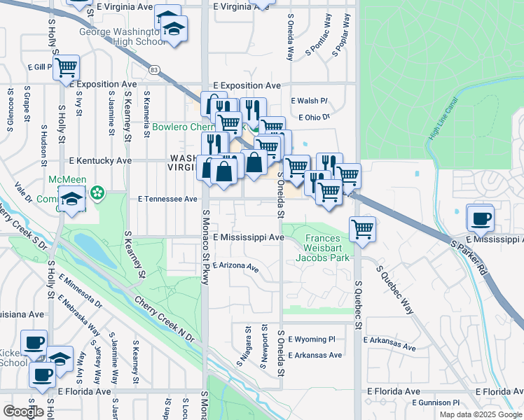 map of restaurants, bars, coffee shops, grocery stores, and more near 6705 East Mississippi Avenue in Denver