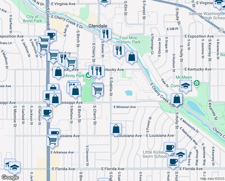 map of restaurants, bars, coffee shops, grocery stores, and more near 1054 South Dahlia Street in Glendale