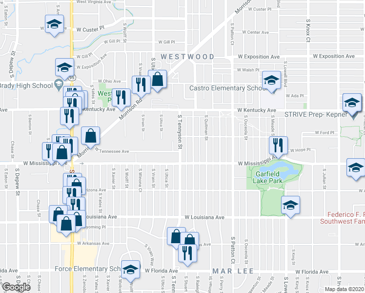 map of restaurants, bars, coffee shops, grocery stores, and more near 1060 South Tennyson Street in Denver