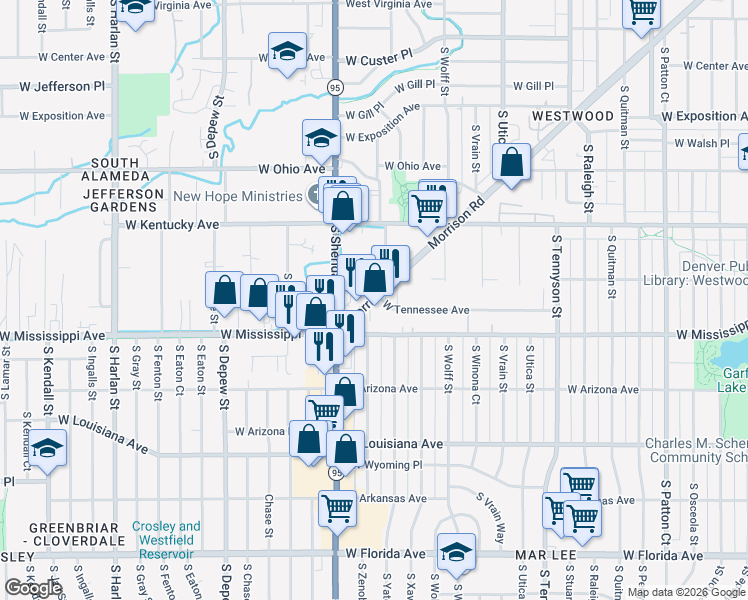 map of restaurants, bars, coffee shops, grocery stores, and more near 5010 West Tennessee Avenue in Denver