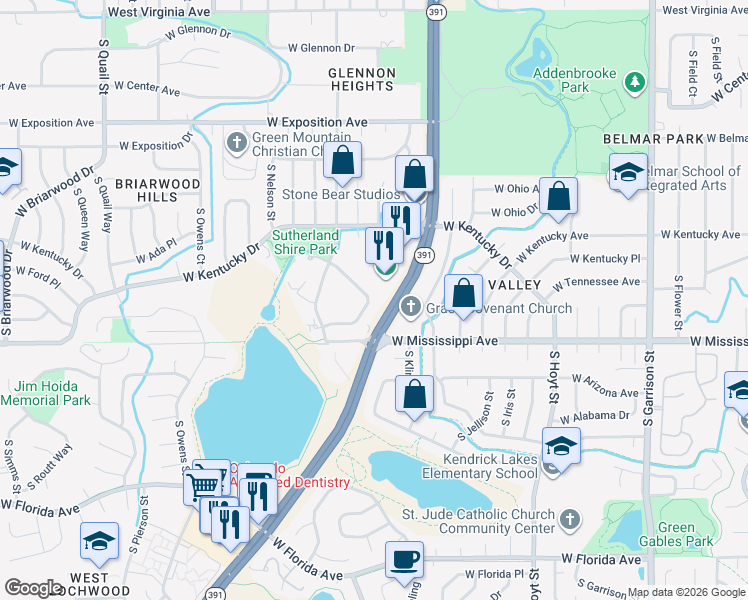 map of restaurants, bars, coffee shops, grocery stores, and more near 1012 South Miller Way in Lakewood