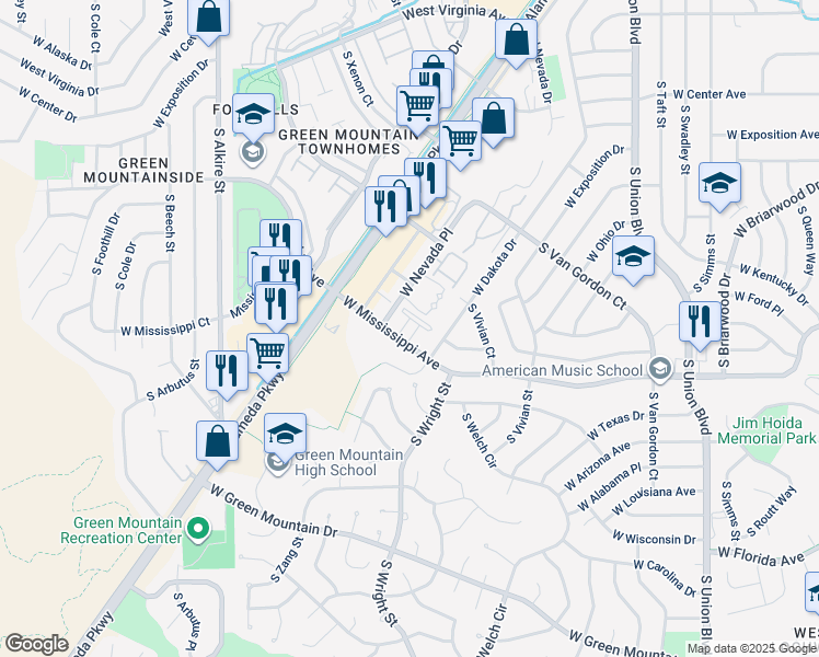 map of restaurants, bars, coffee shops, grocery stores, and more near 12756 West Mississippi Avenue in Lakewood