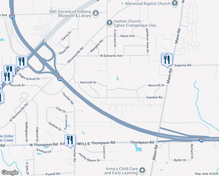 map of restaurants, bars, coffee shops, grocery stores, and more near 5227 Norcroft Drive in Indianapolis