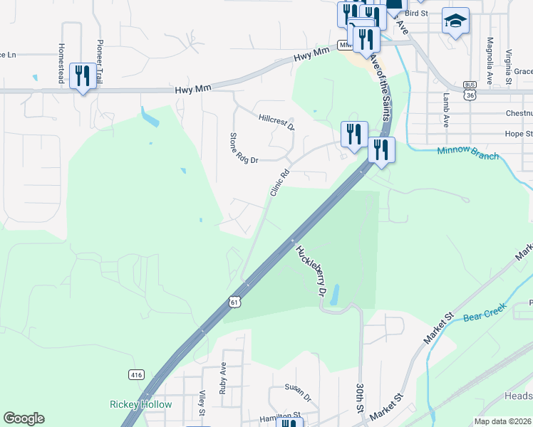 map of restaurants, bars, coffee shops, grocery stores, and more near 900 Clinic Road in Hannibal