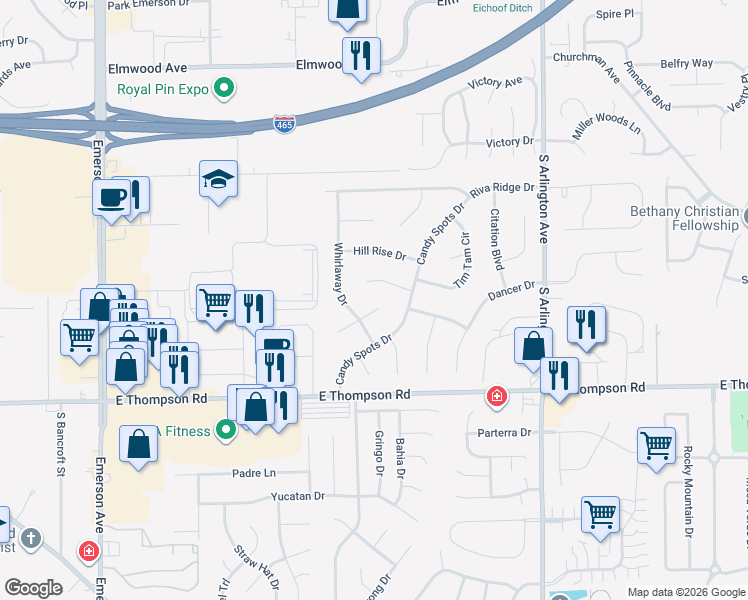 map of restaurants, bars, coffee shops, grocery stores, and more near 4819 Whirlaway Drive in Indianapolis