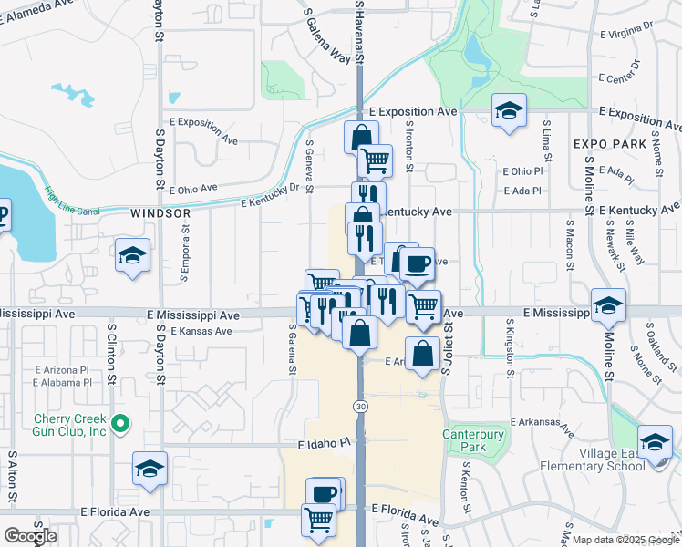 map of restaurants, bars, coffee shops, grocery stores, and more near 1001 South Havana Street in Denver