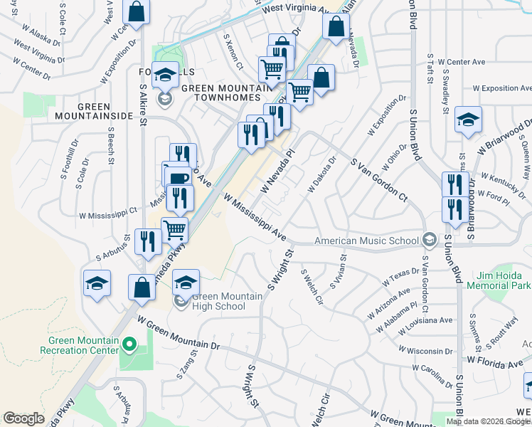 map of restaurants, bars, coffee shops, grocery stores, and more near 12756 West Mississippi Avenue in Lakewood