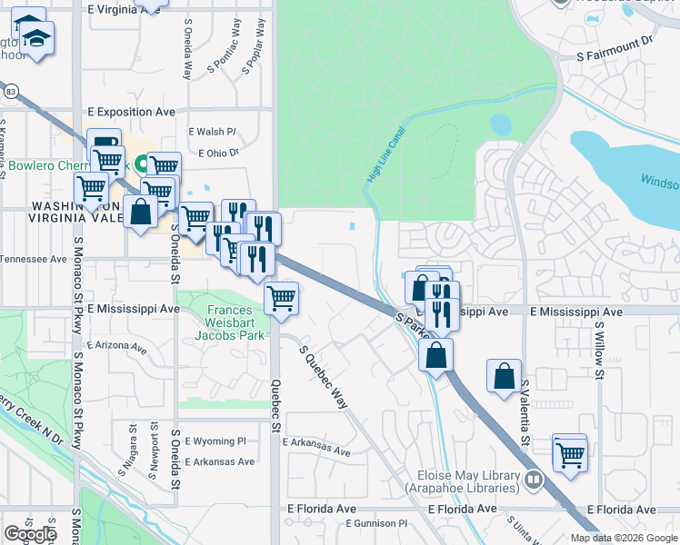 map of restaurants, bars, coffee shops, grocery stores, and more near 1060 Colorado 83 in Denver