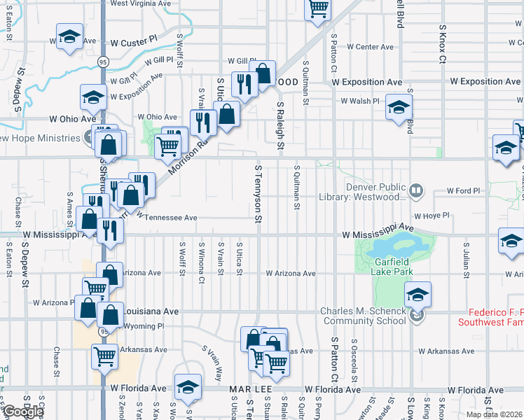 map of restaurants, bars, coffee shops, grocery stores, and more near 1060 South Tennyson Street in Denver