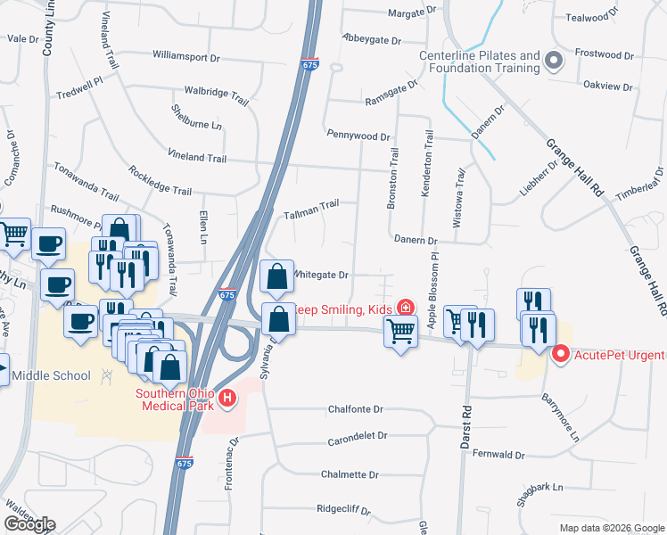 map of restaurants, bars, coffee shops, grocery stores, and more near 4153 Whitegate Drive in Beavercreek