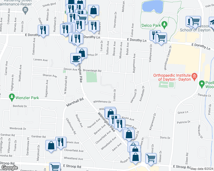 map of restaurants, bars, coffee shops, grocery stores, and more near 1614 Beaver Ridge Drive in Dayton