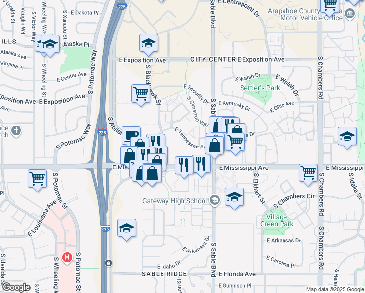 map of restaurants, bars, coffee shops, grocery stores, and more near 14304 East Tennessee Avenue in Aurora