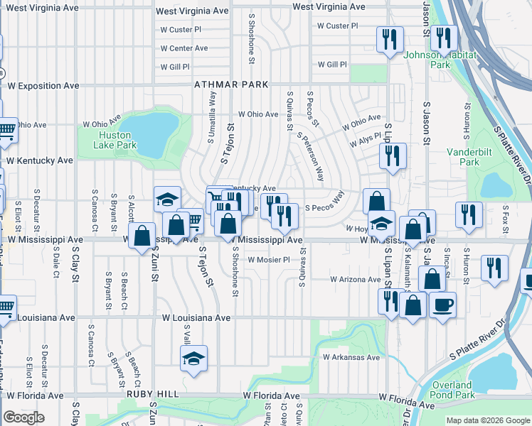 map of restaurants, bars, coffee shops, grocery stores, and more near 1788 West Tennessee Avenue in Denver