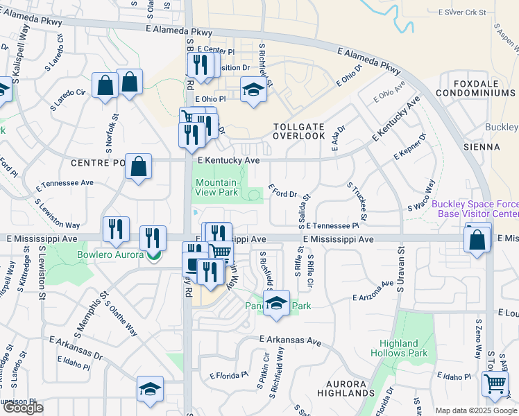map of restaurants, bars, coffee shops, grocery stores, and more near 17241 East Ford Drive in Aurora