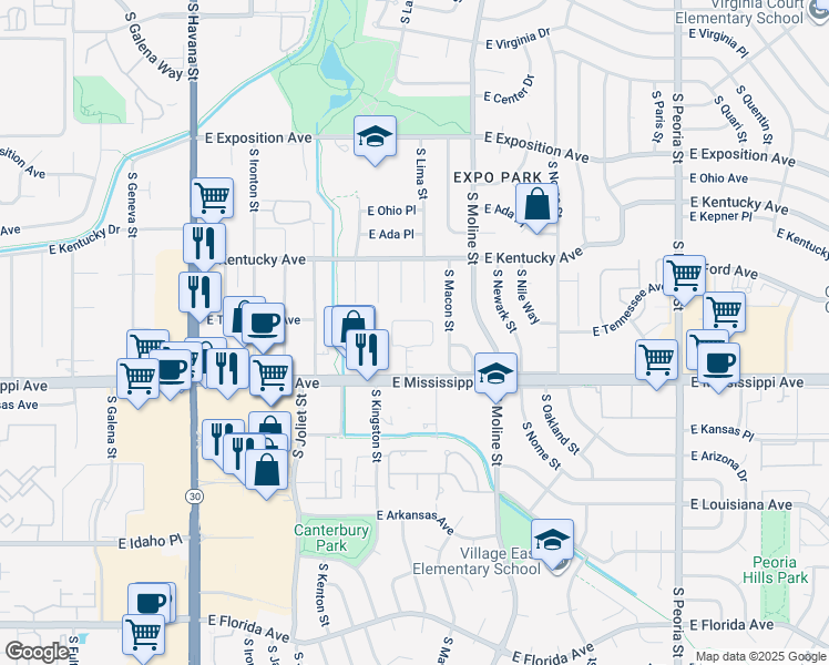 map of restaurants, bars, coffee shops, grocery stores, and more near 11265 East Mississippi Avenue in Aurora