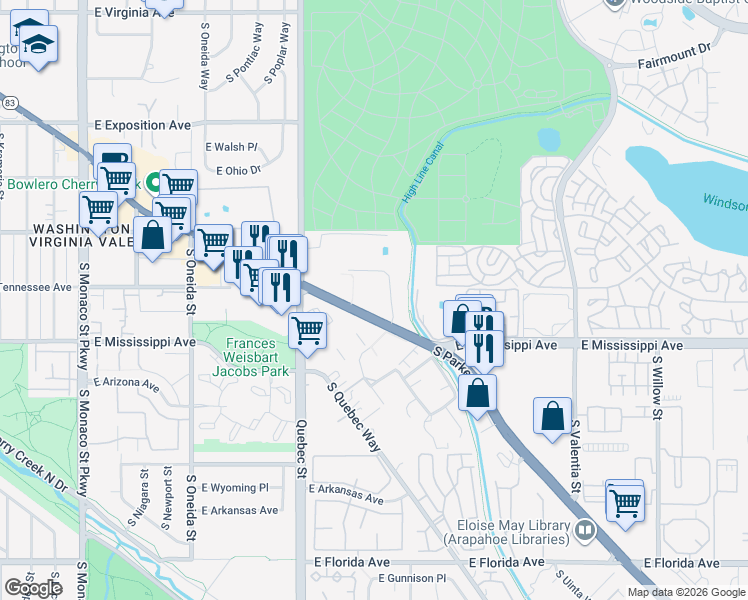 map of restaurants, bars, coffee shops, grocery stores, and more near 1060 Colorado 83 in Denver