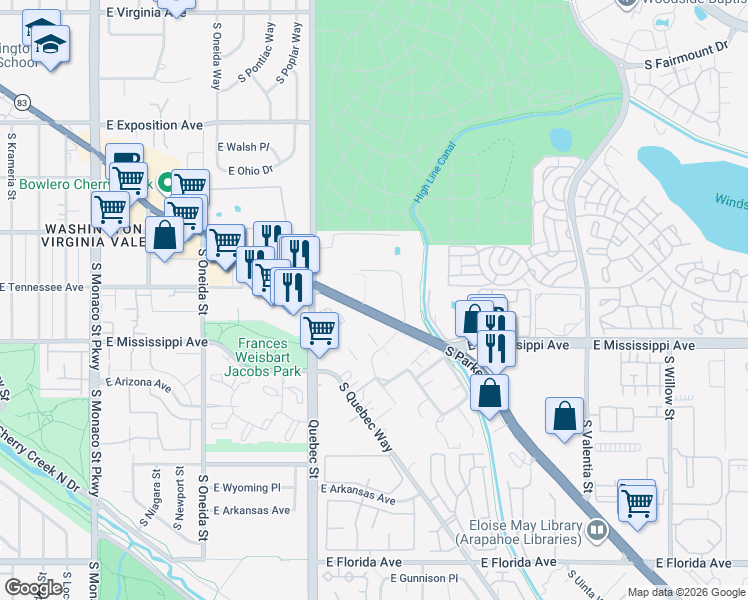 map of restaurants, bars, coffee shops, grocery stores, and more near 1060 Colorado 83 in Denver