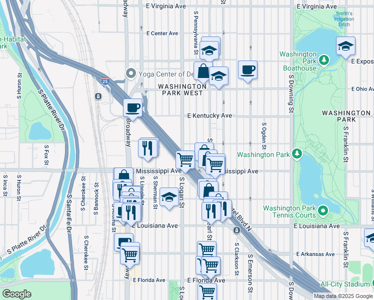 map of restaurants, bars, coffee shops, grocery stores, and more near 423 Buchtel Boulevard North in Denver
