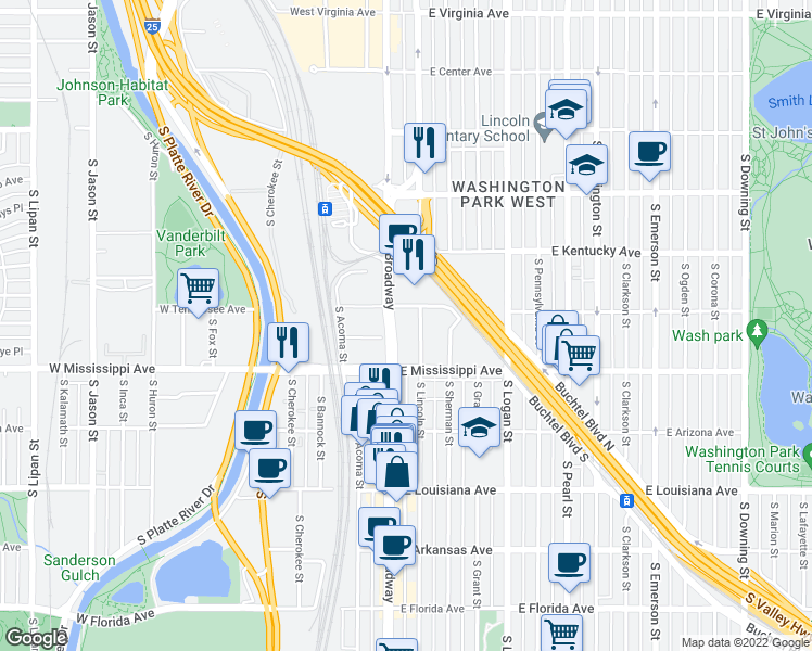 map of restaurants, bars, coffee shops, grocery stores, and more near 1090 South Lincoln Street in Denver