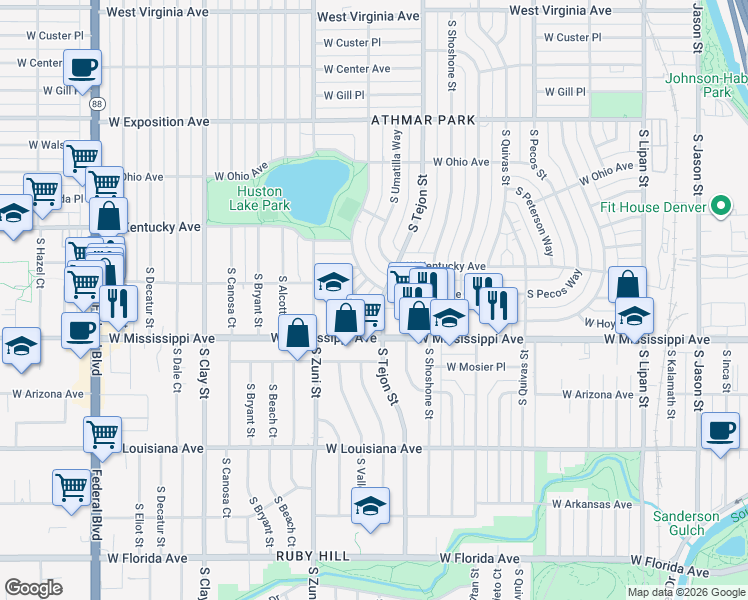 map of restaurants, bars, coffee shops, grocery stores, and more near 1060 South Vallejo Street in Denver
