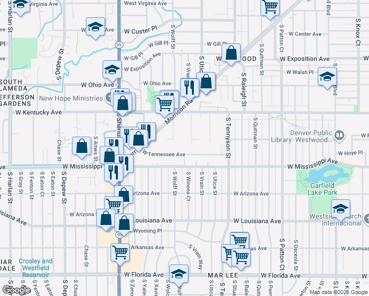 map of restaurants, bars, coffee shops, grocery stores, and more near 4710 West Tennessee Avenue in Denver