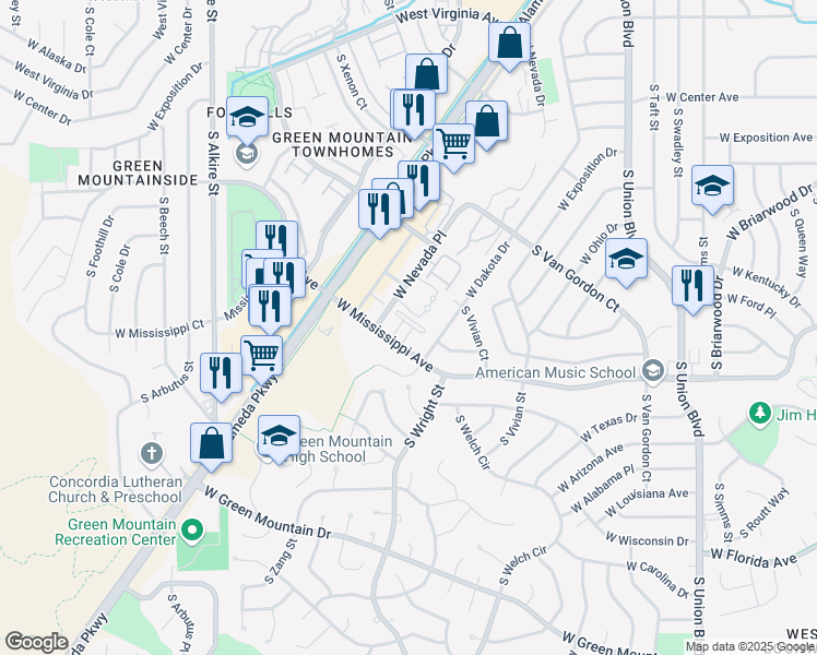 map of restaurants, bars, coffee shops, grocery stores, and more near 12531 West Dakota Drive in Lakewood