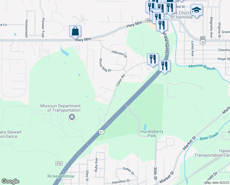 map of restaurants, bars, coffee shops, grocery stores, and more near 900 Clinic Road in Hannibal