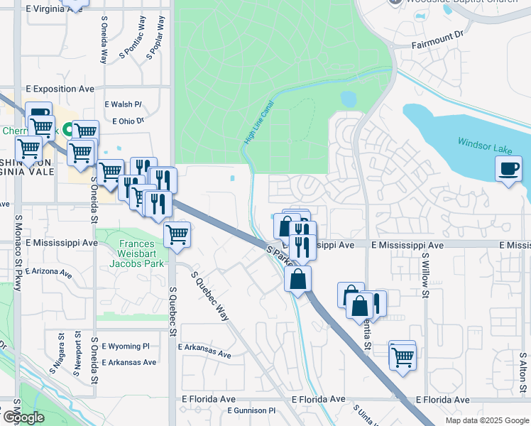 map of restaurants, bars, coffee shops, grocery stores, and more near 7865 East Mississippi Avenue in Denver