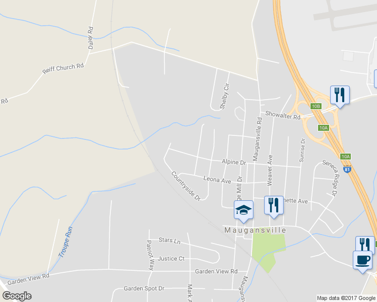 map of restaurants, bars, coffee shops, grocery stores, and more near 17816 Alpine Drive in Maugansville