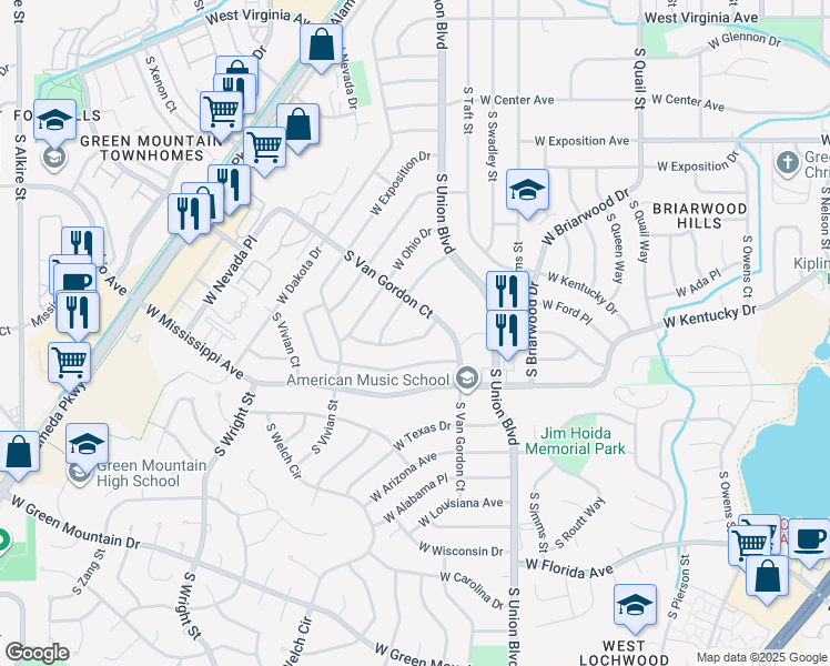 map of restaurants, bars, coffee shops, grocery stores, and more near 12277 West Tennessee Place in Lakewood