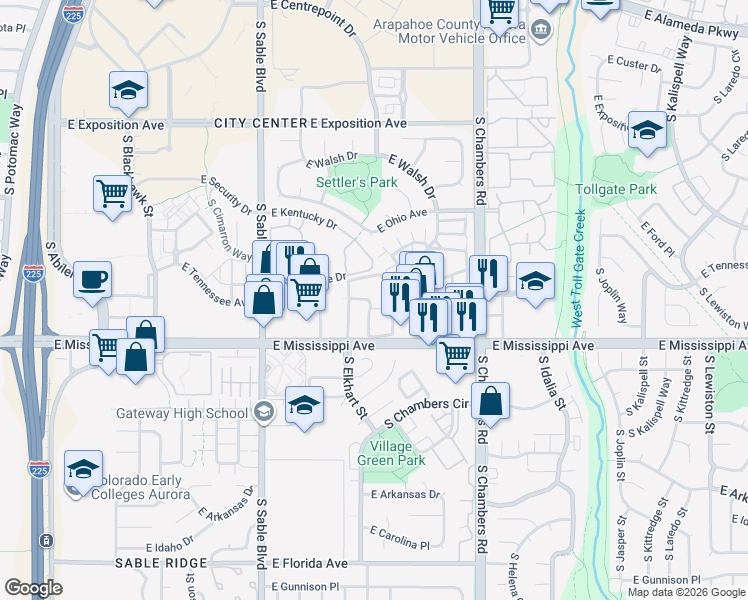 map of restaurants, bars, coffee shops, grocery stores, and more near 1098 South Evanston Way in Aurora
