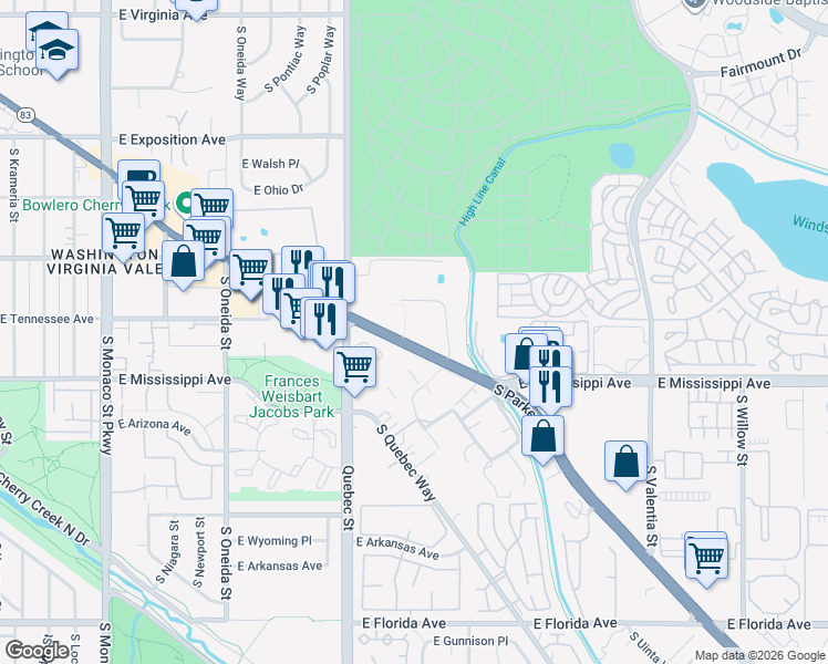 map of restaurants, bars, coffee shops, grocery stores, and more near 1060 Colorado 83 in Denver