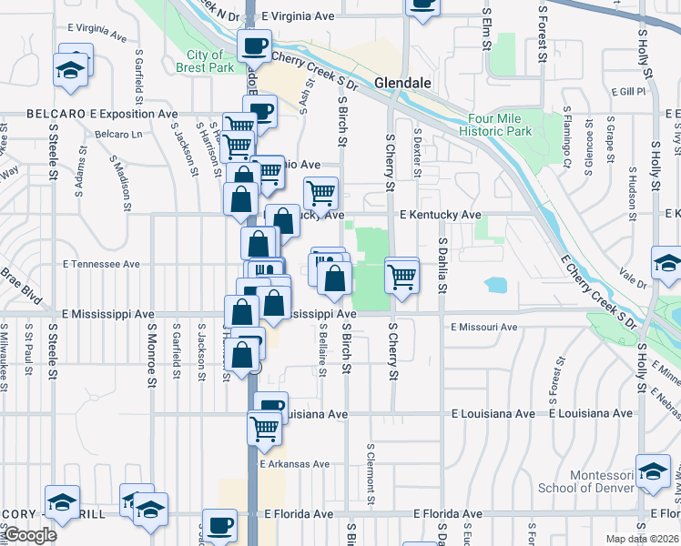 map of restaurants, bars, coffee shops, grocery stores, and more near 1017 South Birch Street in Glendale