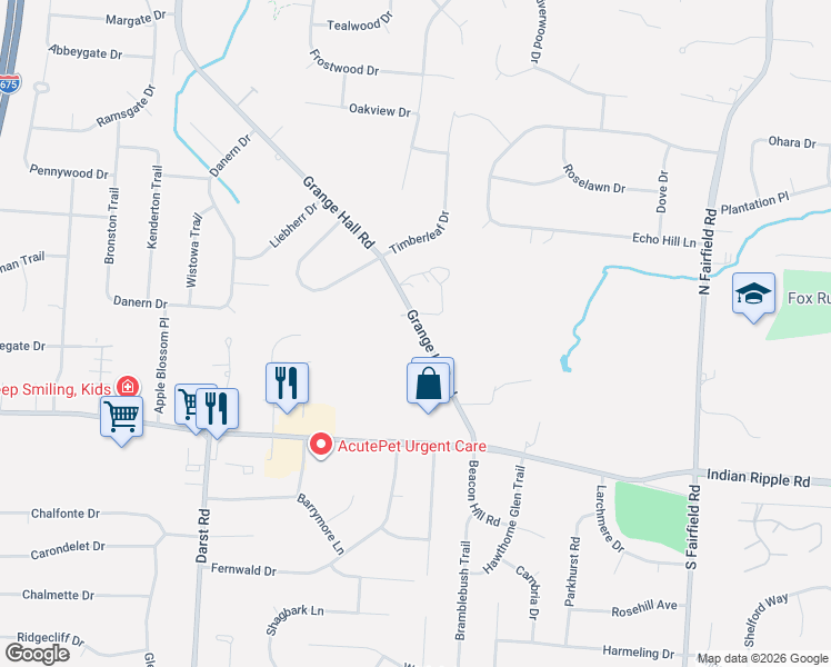 map of restaurants, bars, coffee shops, grocery stores, and more near 143 Grange Hall Road in Beavercreek