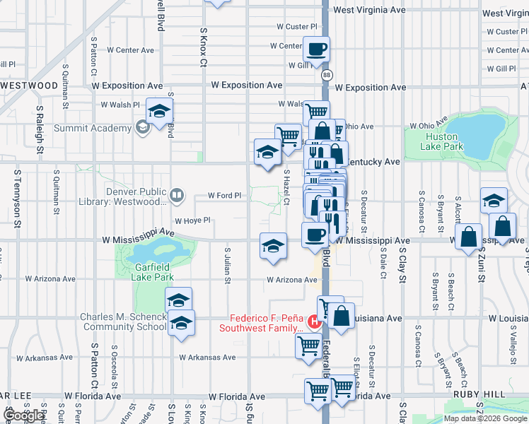 map of restaurants, bars, coffee shops, grocery stores, and more near 1051 South Hooker Street in Denver