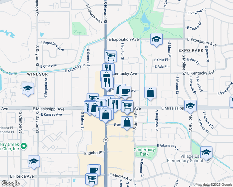 map of restaurants, bars, coffee shops, grocery stores, and more near 1080 South Havana Street in Aurora