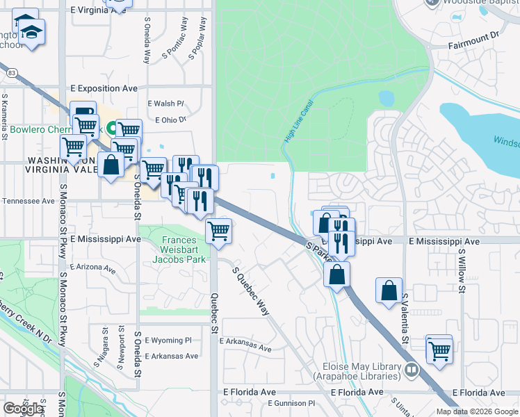 map of restaurants, bars, coffee shops, grocery stores, and more near 1060 Colorado 83 in Denver