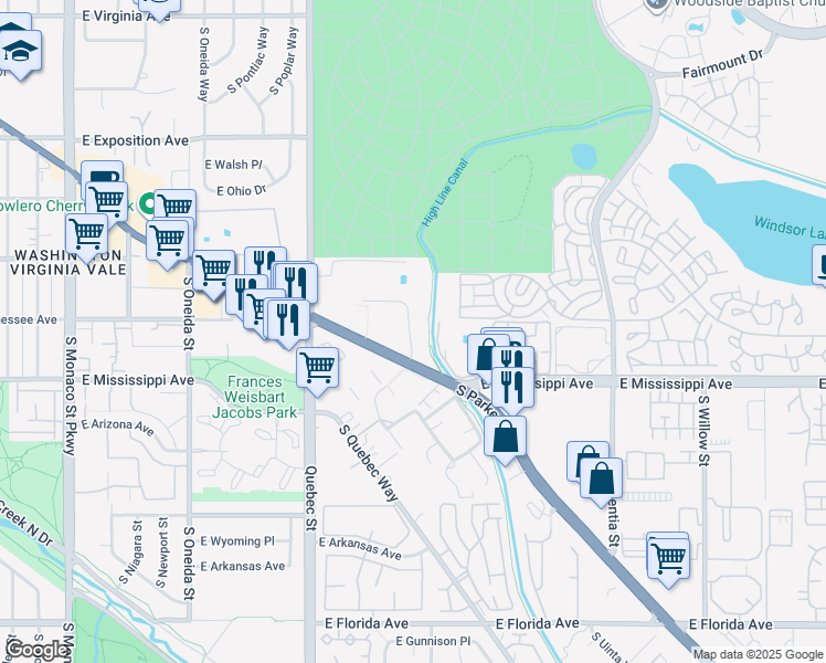 map of restaurants, bars, coffee shops, grocery stores, and more near 43 South Quince Street in Denver