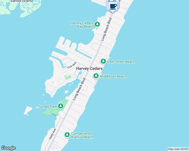 map of restaurants, bars, coffee shops, grocery stores, and more near 13 Middlesex Avenue in Harvey Cedars