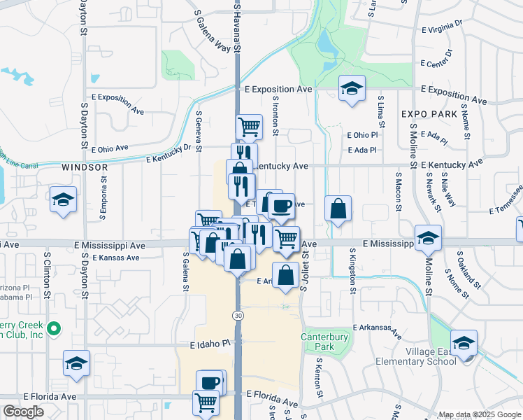 map of restaurants, bars, coffee shops, grocery stores, and more near 1080 South Havana Street in Aurora