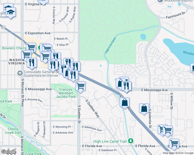 map of restaurants, bars, coffee shops, grocery stores, and more near 1060 Colorado 83 in Denver