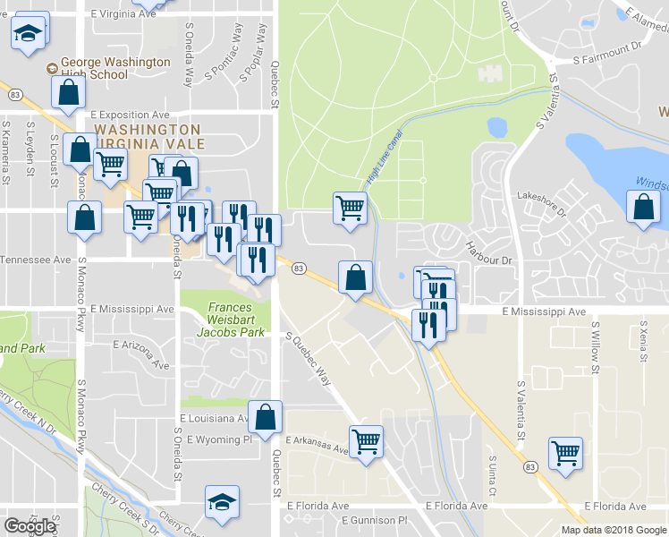 map of restaurants, bars, coffee shops, grocery stores, and more near 1060 Colorado 83 in Denver