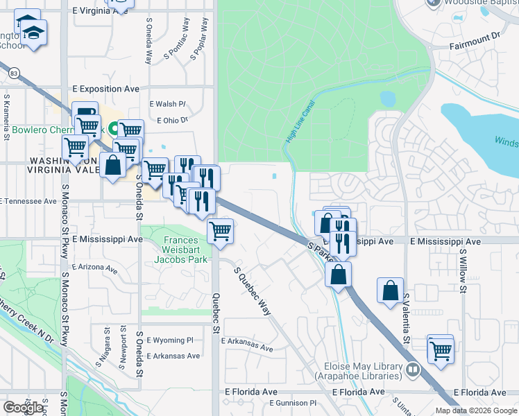 map of restaurants, bars, coffee shops, grocery stores, and more near 1060 Colorado 83 in Denver
