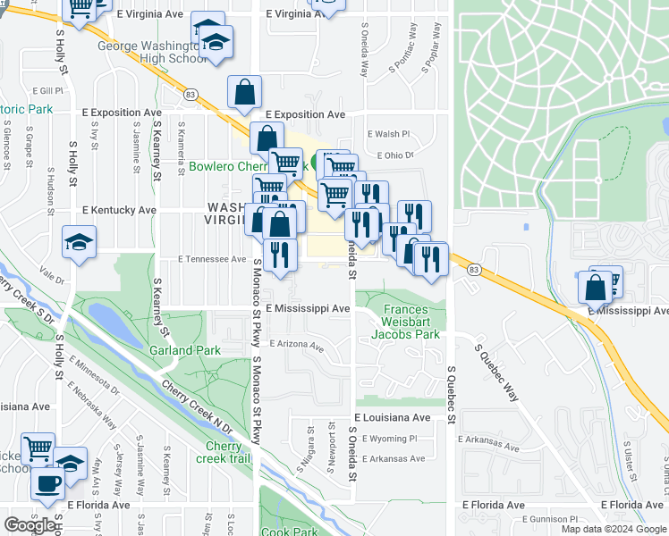 map of restaurants, bars, coffee shops, grocery stores, and more near 6801 East Mississippi Avenue in Denver
