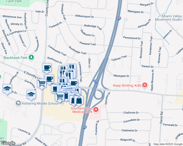 map of restaurants, bars, coffee shops, grocery stores, and more near 2951 Thames Lane in Beavercreek