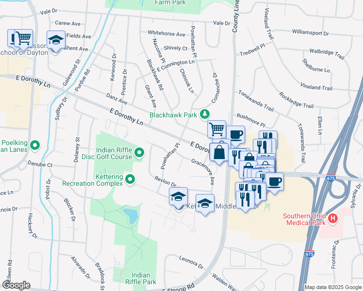map of restaurants, bars, coffee shops, grocery stores, and more near 3025 Gracemore Avenue in Dayton