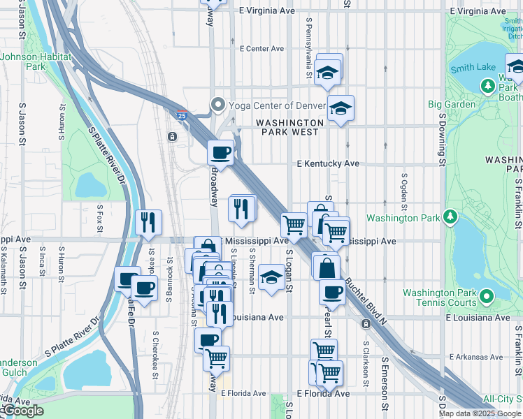 map of restaurants, bars, coffee shops, grocery stores, and more near 1050 South Broadway in Denver