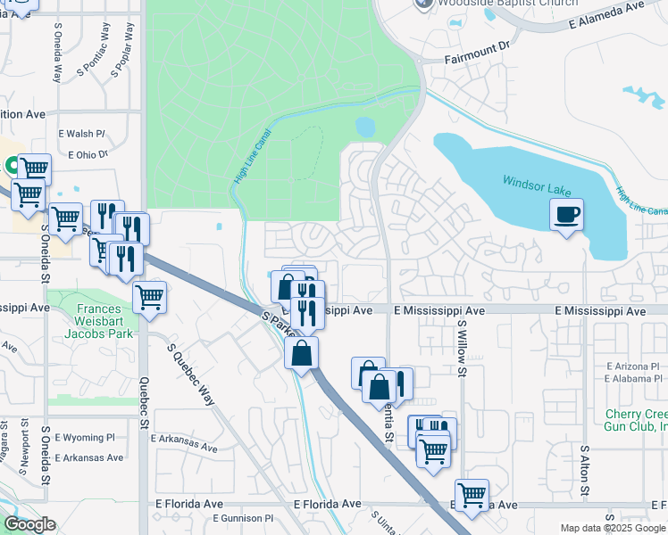 map of restaurants, bars, coffee shops, grocery stores, and more near 7995 East Mississippi Avenue in Denver